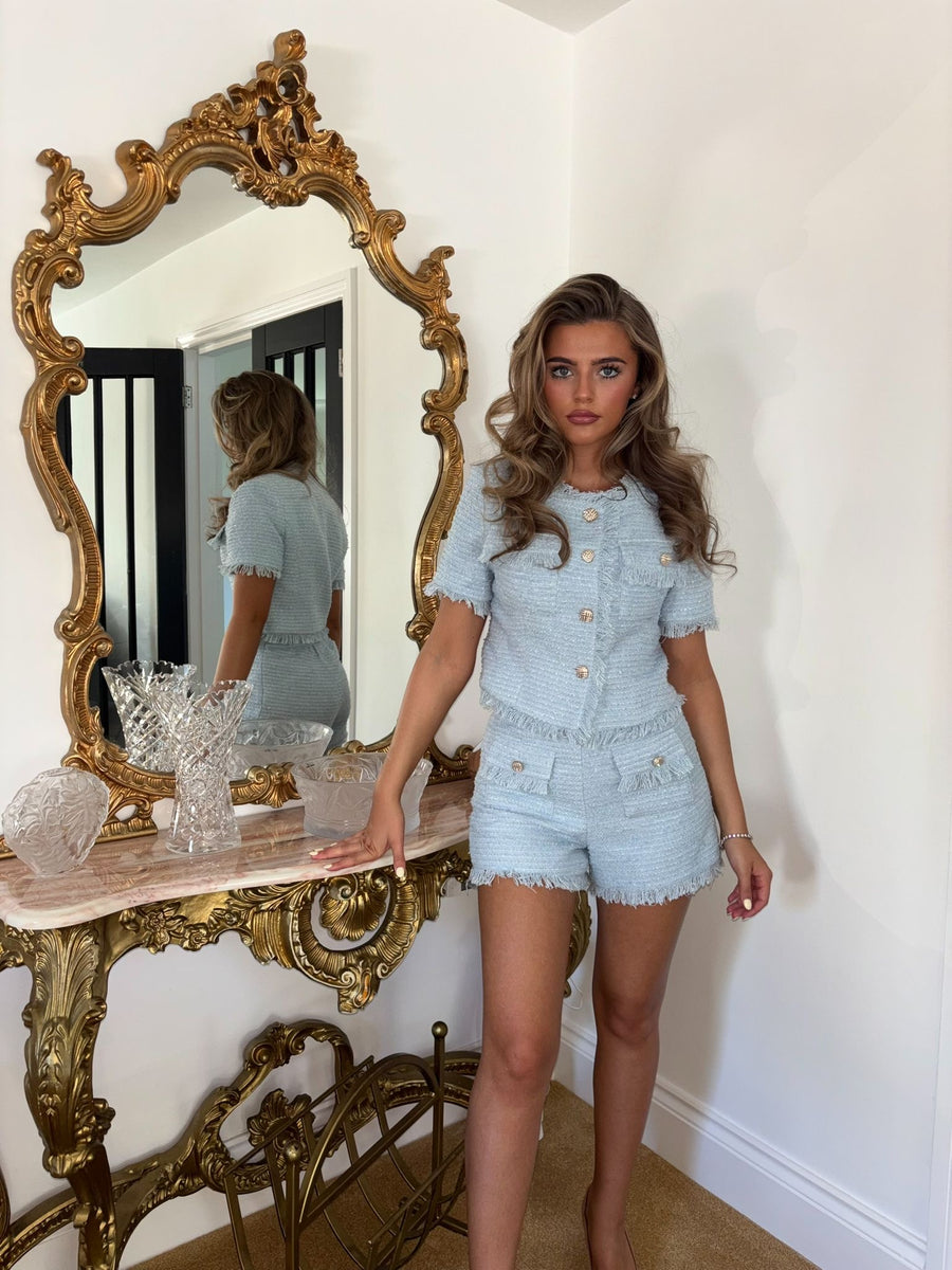 KATY Baby Blue Tweed Two Piece Set  (Next Day Delivery)